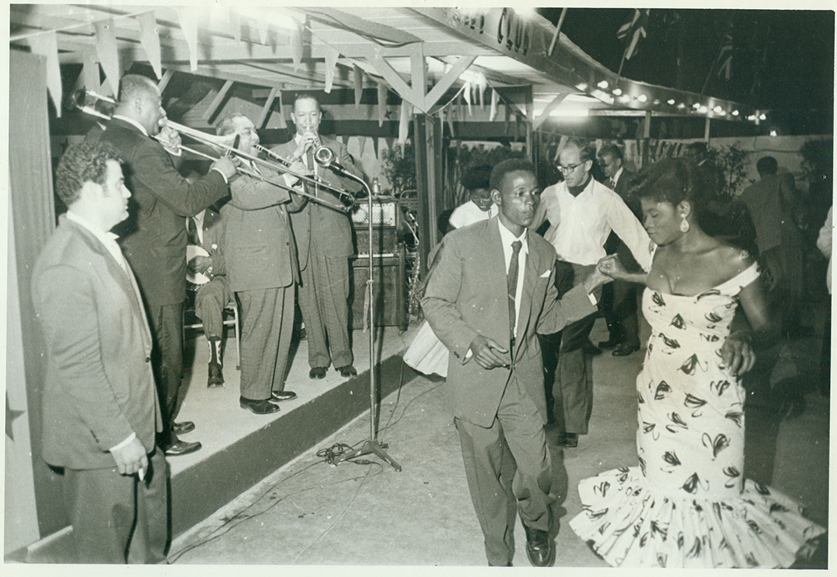 Wilbur de Paris and New Orleans Jazz Band give out with a fox trot at the Lido, Accra, Ghana, undated - 59-g-96 vs-395-58
