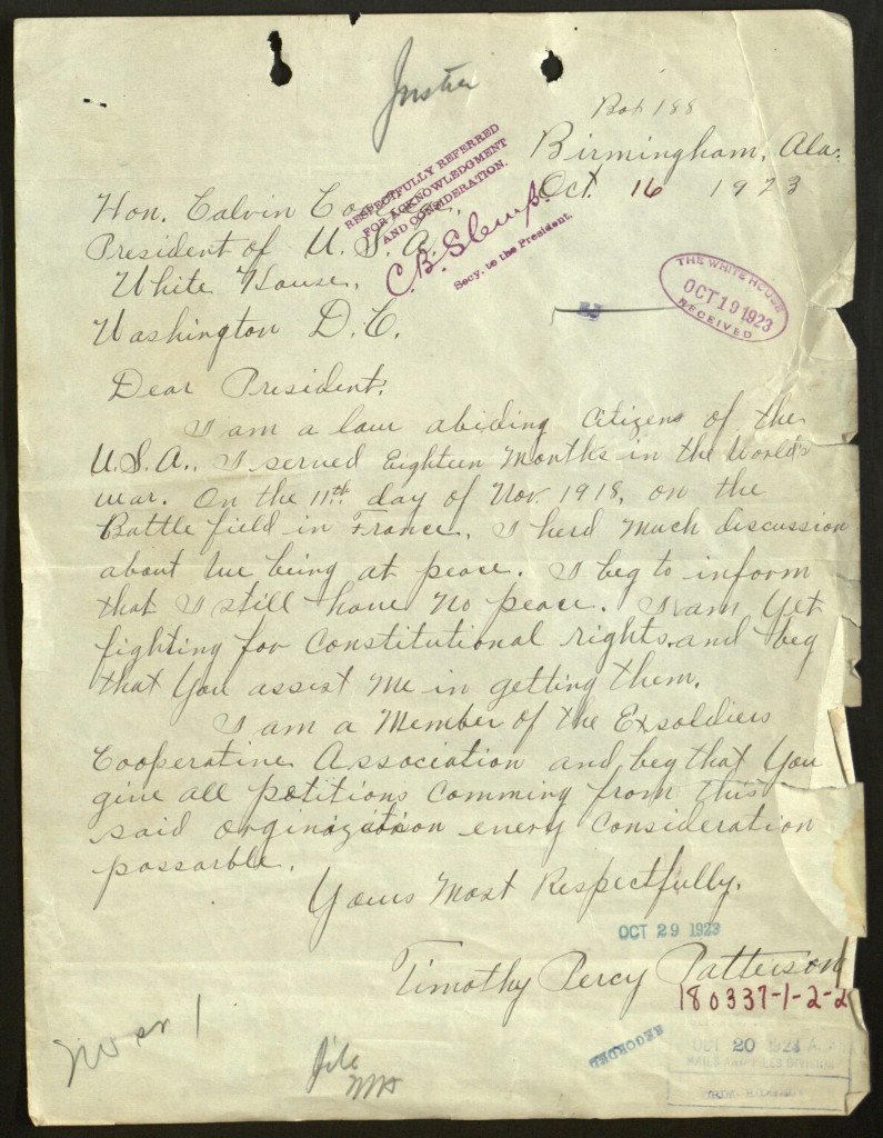 Letter from Timothy Percy Patterson to President Calvin Coolidge Regarding Racial Injustice in the United States following World War I, 10-16-1923 (Archives ID 6207372)