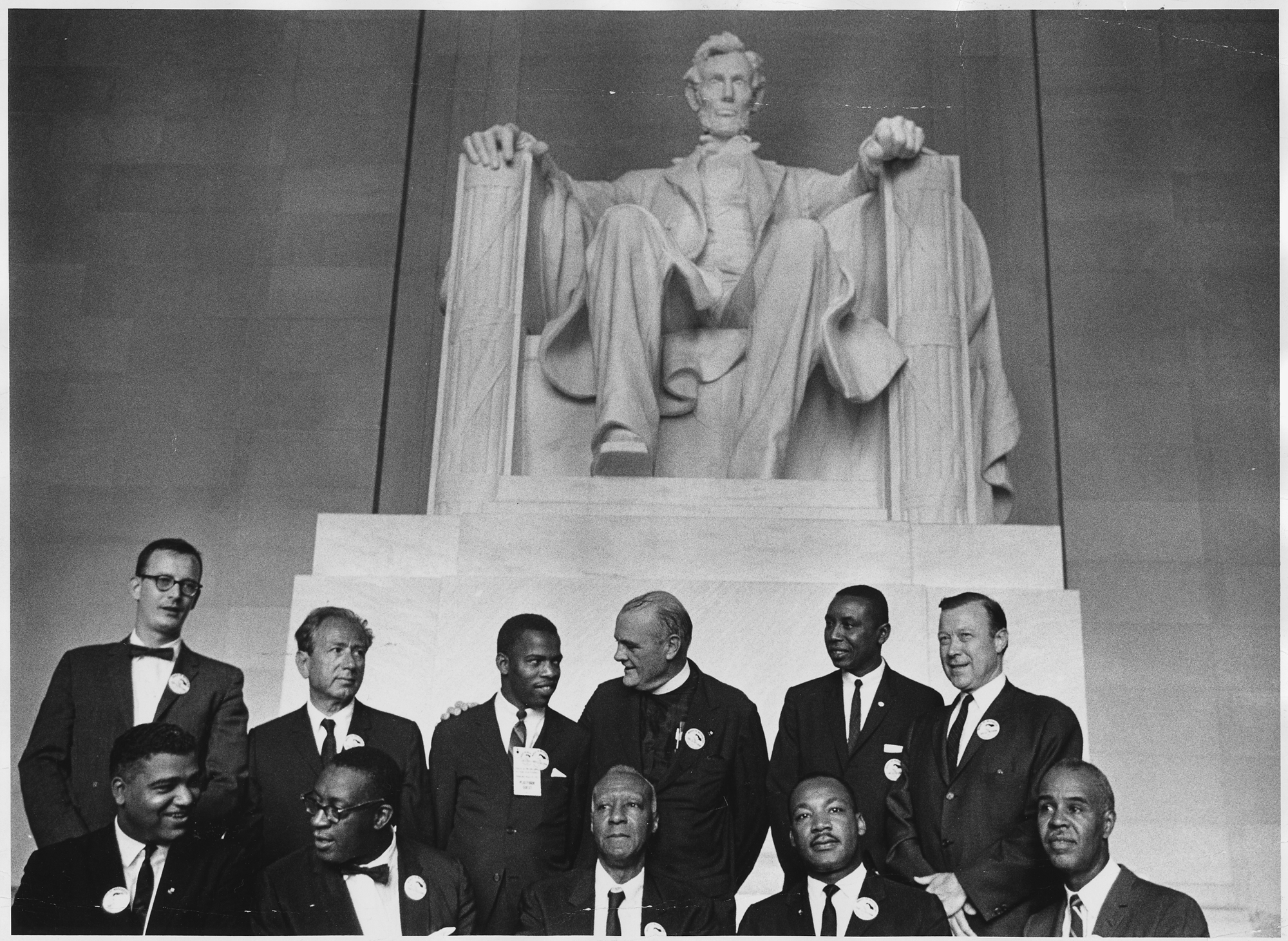 Civil Rights March on Washington. Leaders of the march posing in front of the statue of  Abraham Lincoln, Lincoln Memorial
