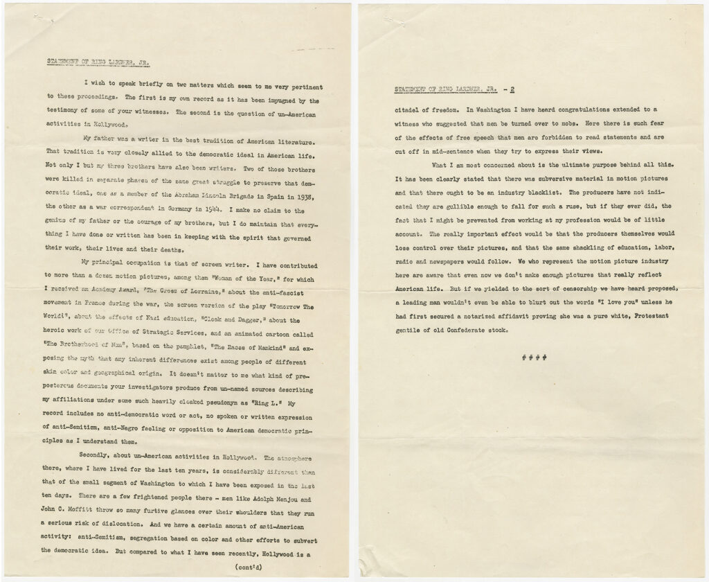 Featured Document Display: Remembering the Hollywood 10: Screenwriter Ring Lardner, Jr.