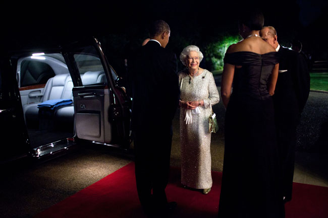 President Barack Obama and First Lady Michelle Obama Talk with Queen Elizabeth II and Prince Philip at Winfield House - NAI 157649730