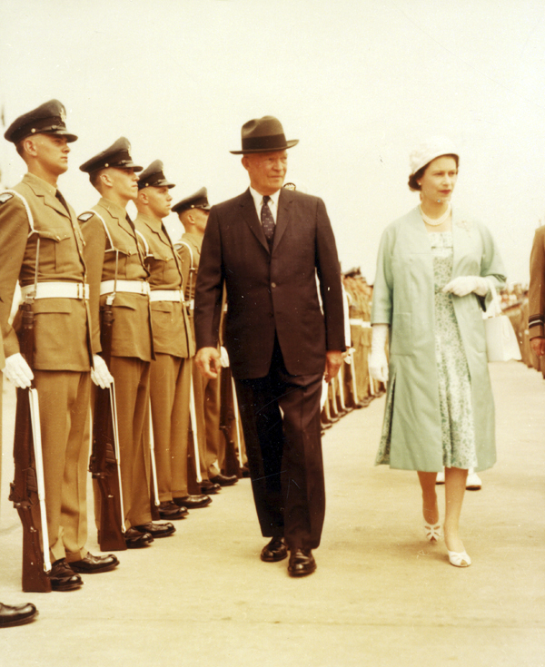 Eisenhower and the Queen review troops at Balmoral