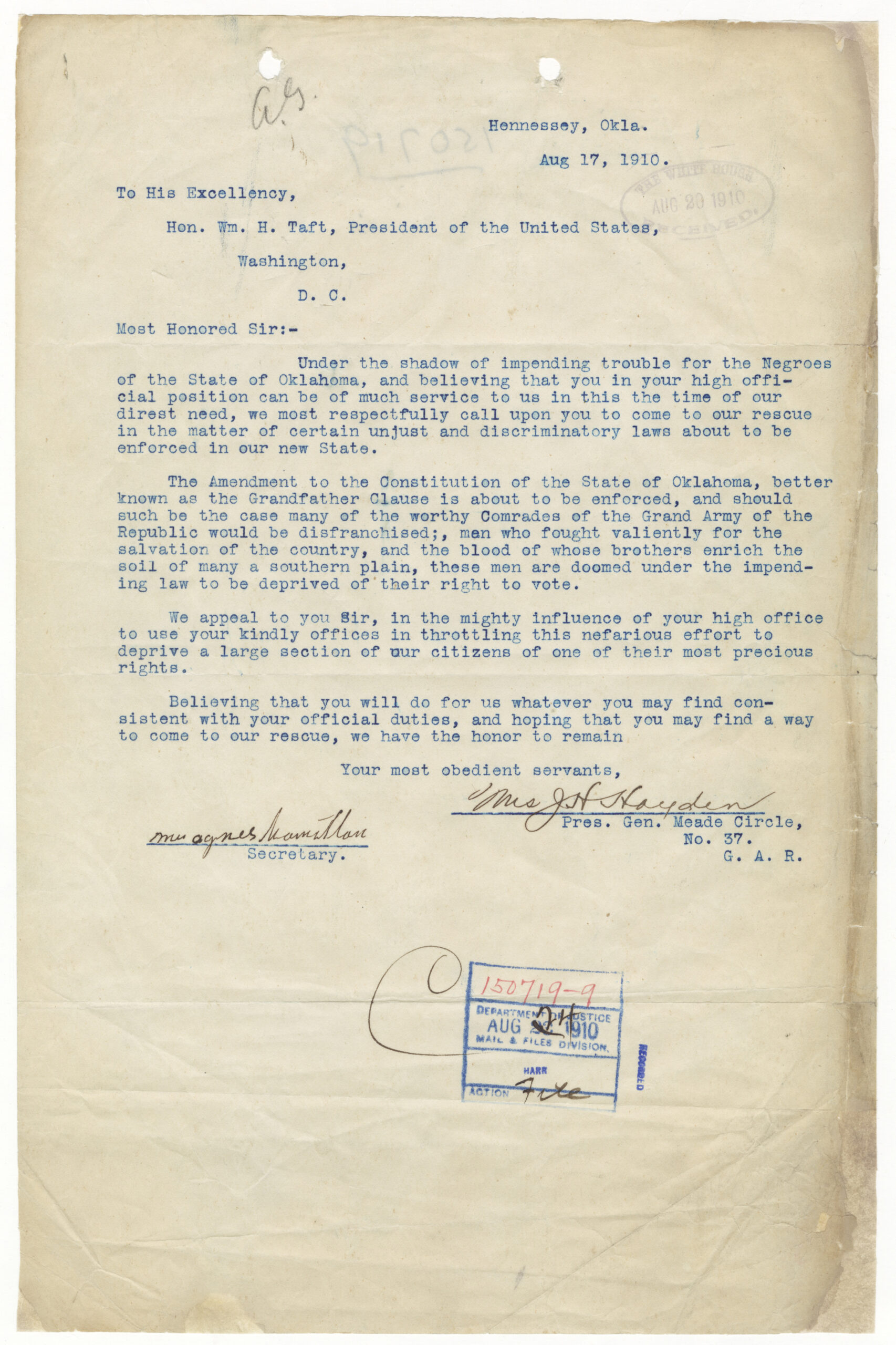 A letter to President Taft about a proposed disenfranchisement amendment in the OK Constitution