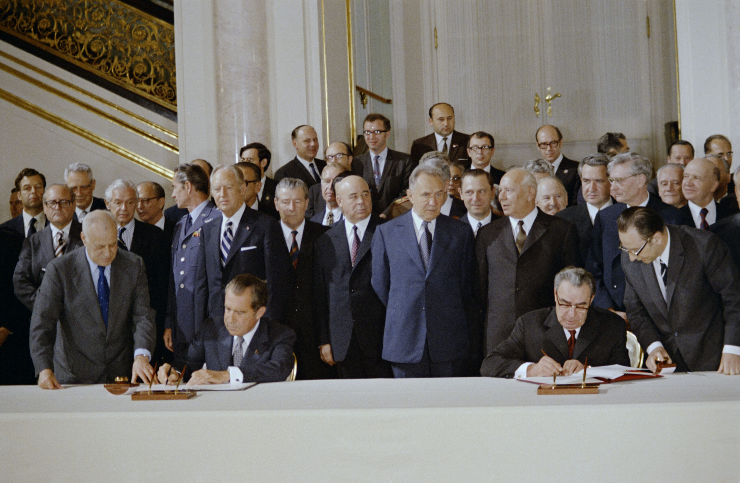Nixon and Brezhnev sign the Anti-Ballistic Missile Treaty and Interim Strategic Arms Limitation (SALT) Agreement – National Archives Identifier: 66394290