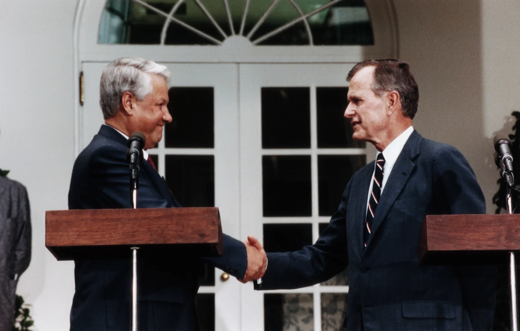 Bush and Russian President Boris Yeltsin have a press conference in the Rose Garden – Source: George H.W. Bush Library