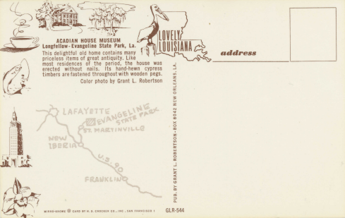 Acadian House postcard, back