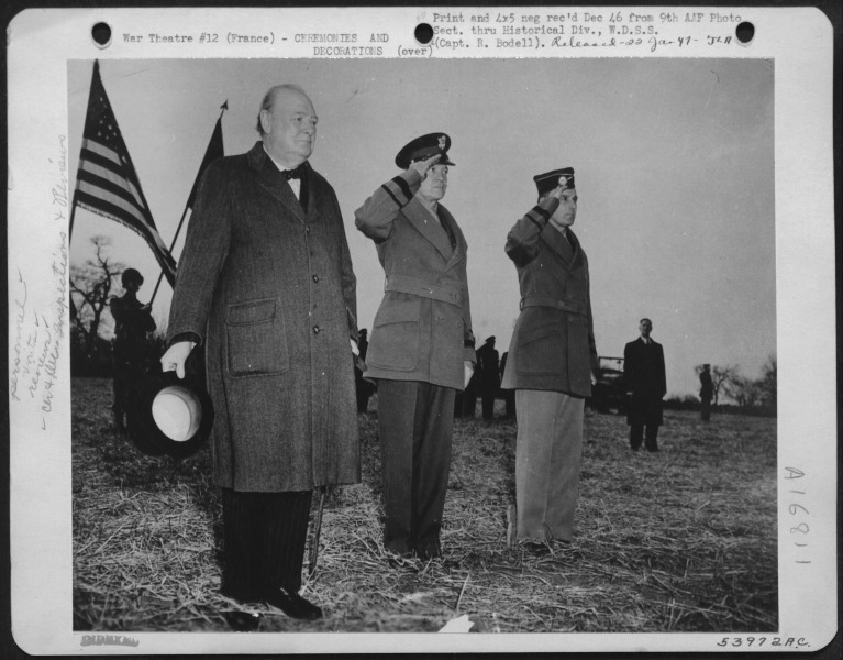 Winston Churchill and General Dwight Eisenhower review 82nd and 101st Airborne Divisions, France. (U.S. Air Force Number 53972AC) – National Archives Identifier: 204889833