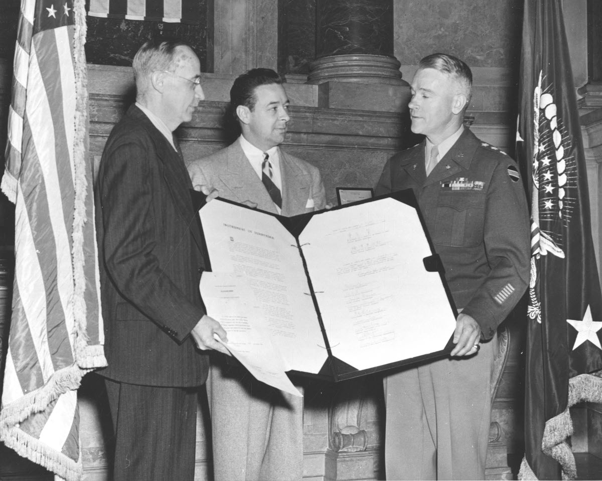 Presentation of Instrument of Surrender document to Army Ground Forces–in the National Archives Rotunda – National Archives Identifier: 74229093