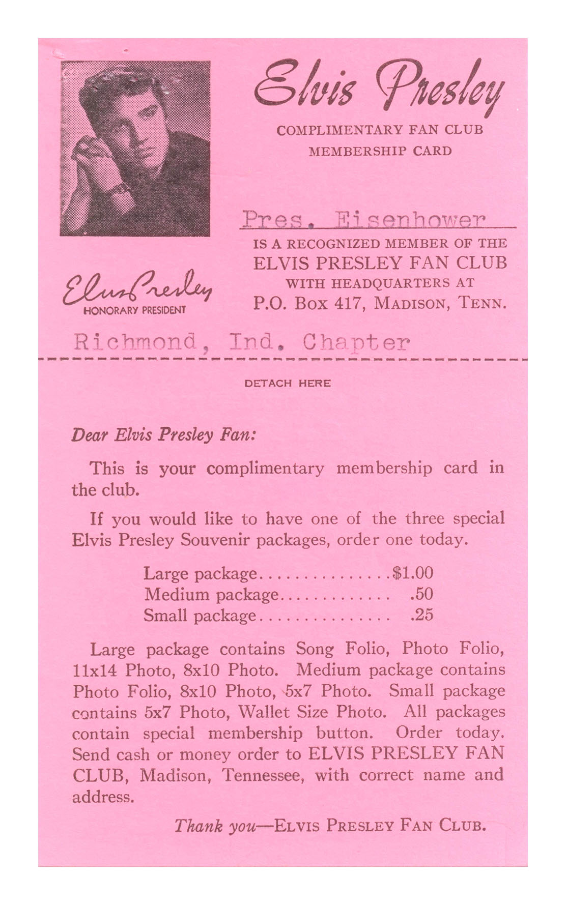 Elvis Pressley fan club membership card