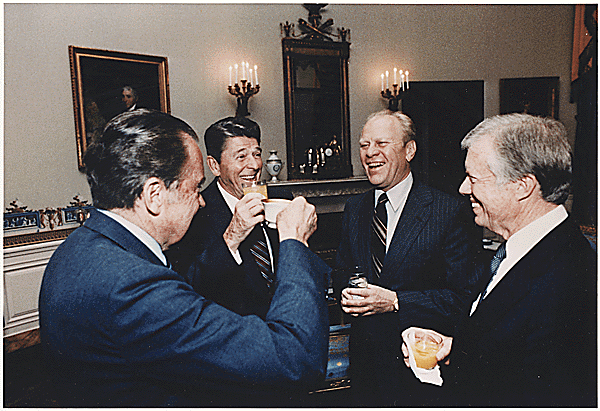 Presidents Reagan, Carter, Ford and Nixon toasting