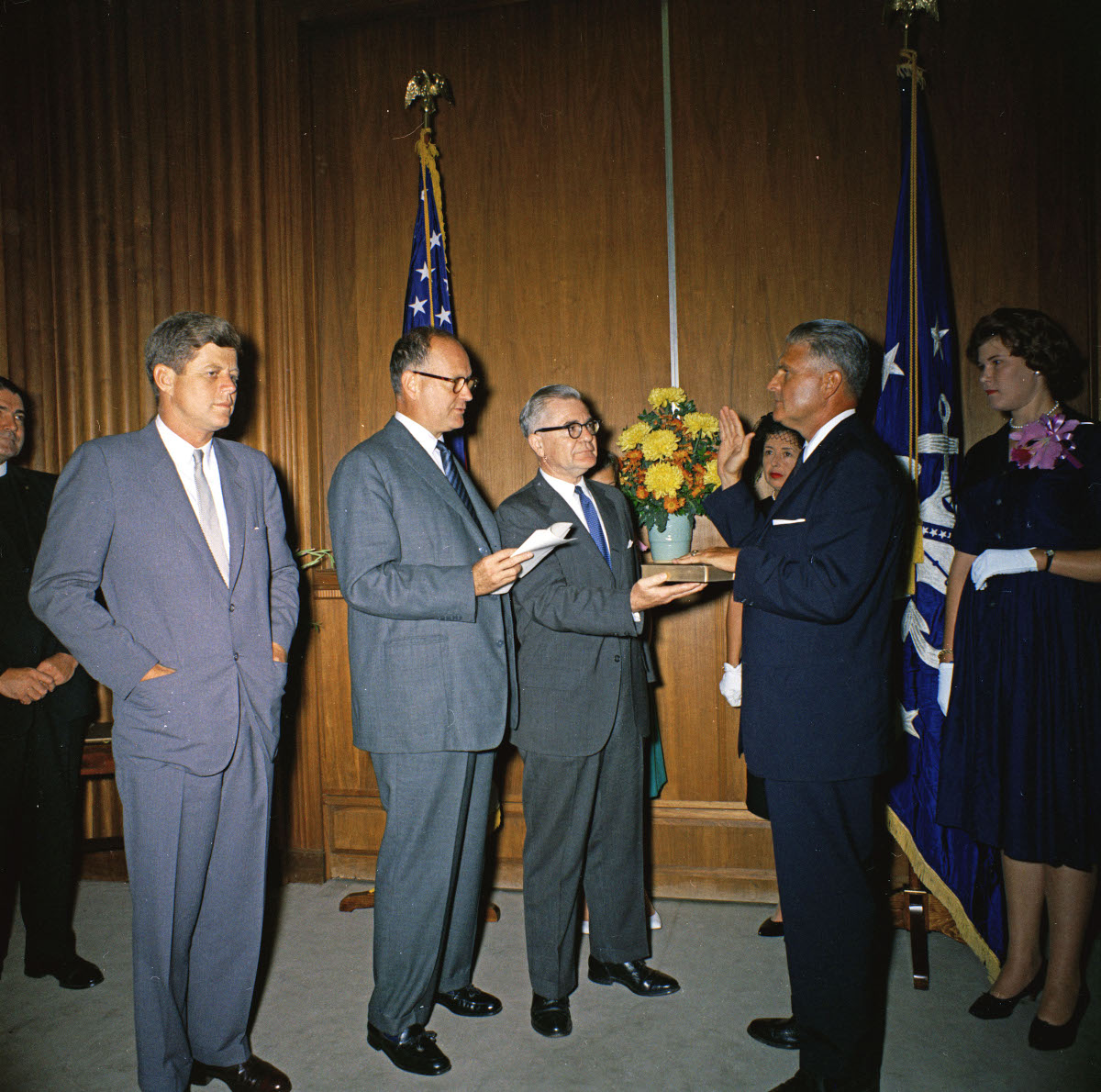 President John F. Kennedy attends the swearing-in of new Secret Service Director James J. Rowley